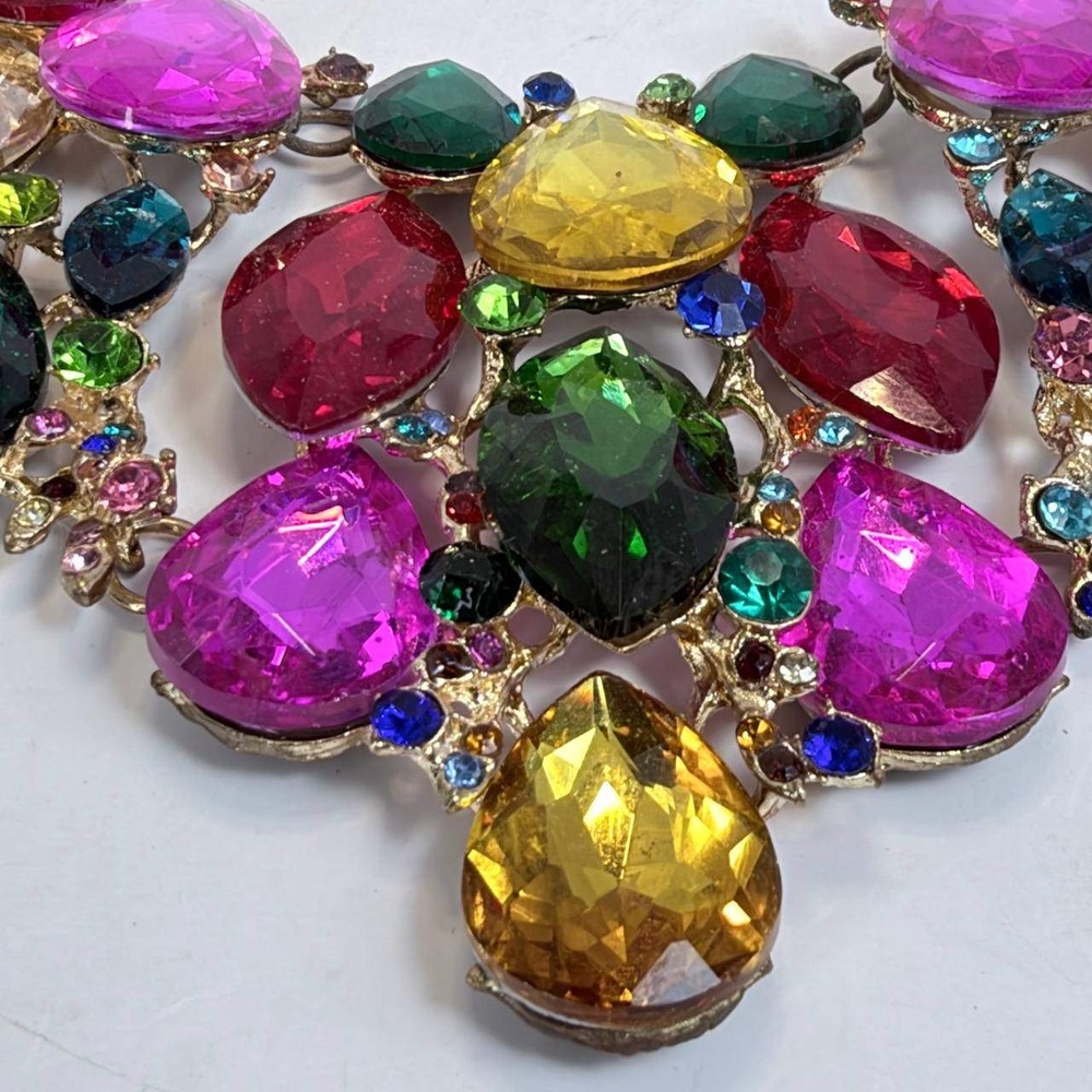 Multi Color Rhinestone Bib Statement Necklace Gold Tone Adjustable Chain - Picture 2 of 5